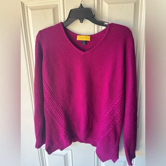 ST. JOHN vneck 100% wool sweater pink magenta size medium womens designer - Picture 1 of 6